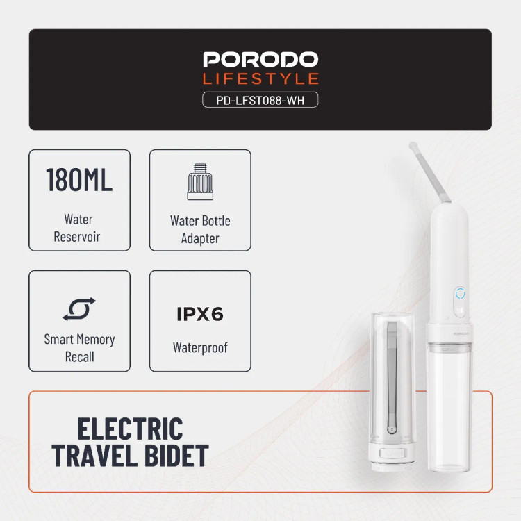 خودشوي مسافرتی شارژي با مخزن آب PORODO مدل PDLFST088WH