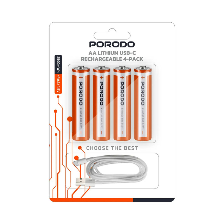 باتریهای قابل شارژ بسته ۴ عددی (بدون نیاز به دستگاه شارژر) Porodo AA Lithium USB-C