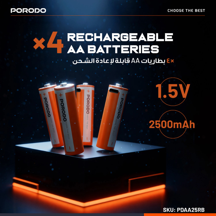 باتریهای قابل شارژ بسته ۴ عددی (بدون نیاز به دستگاه شارژر) Porodo AA Lithium USB-C