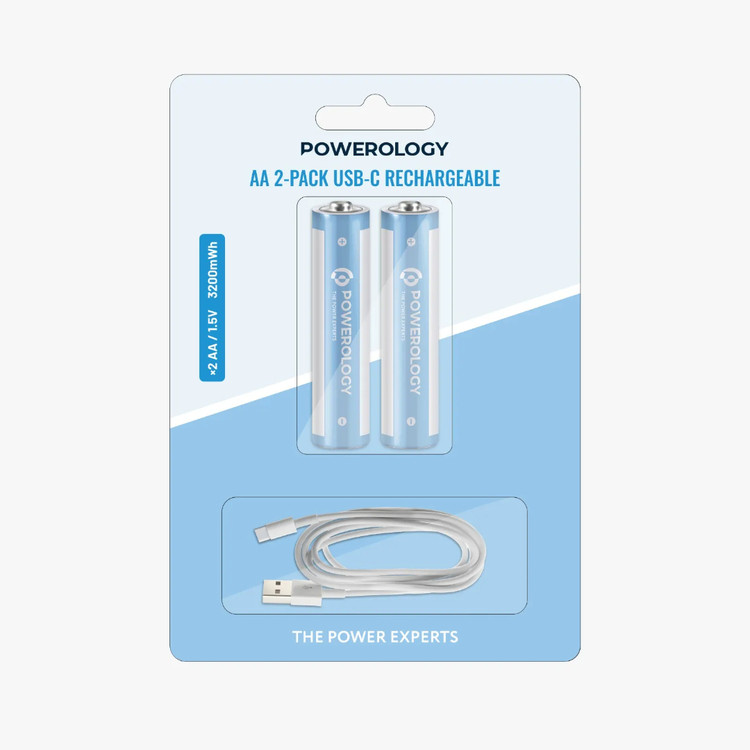 باتری قلمی مدل AA بسته 2 عددیPOWEROLOGY ، قابل شارژ با پورت USB-C (بدون نیاز به دستگاه شارژر)