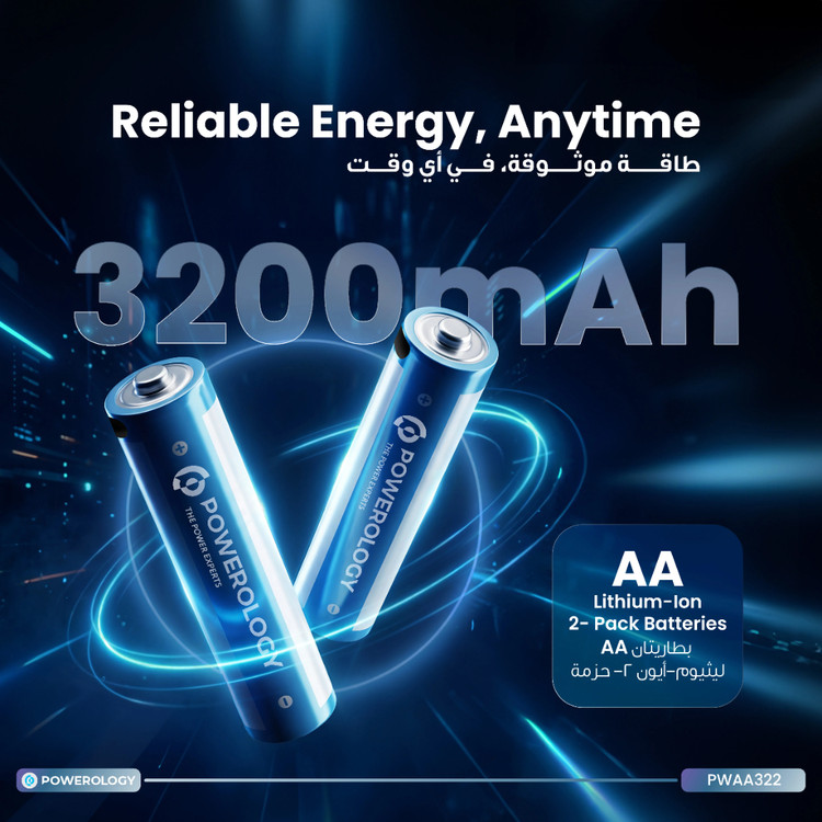 باتری قلمی مدل AA بسته 2 عددیPOWEROLOGY ، قابل شارژ با پورت USB-C (بدون نیاز به دستگاه شارژر)