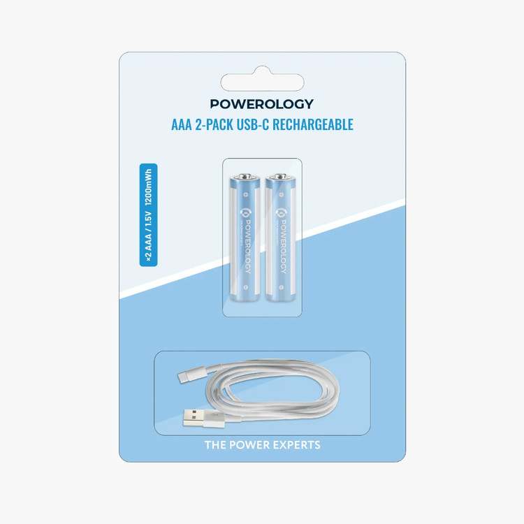 باتریهای نيمه قلمي AAA بسته ۲ عددی Powerology، قابل شارژ با پورت USB-C (بدون نیاز به دستگاه شارژر)