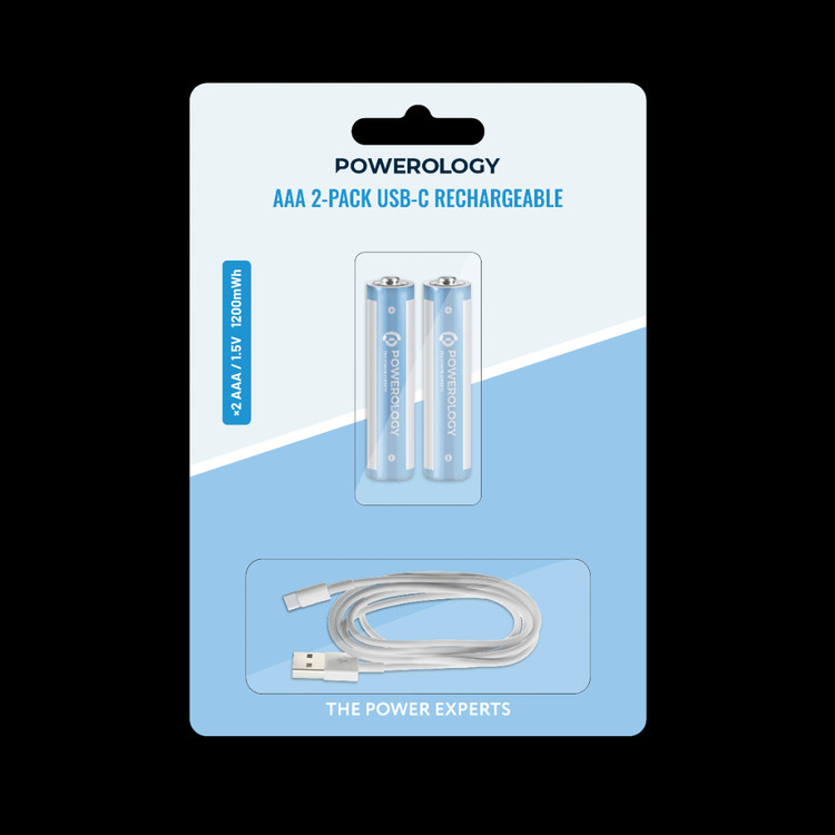 باتریهای نيمه قلمي AAA بسته ۲ عددی Powerology، قابل شارژ با پورت USB-C (بدون نیاز به دستگاه شارژر)