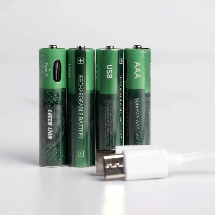 باتری قابل شارژ نيمه قلمي سایزAAA بسته 4 عددي Green Lion (بدون نیاز به دستگاه شارژر)