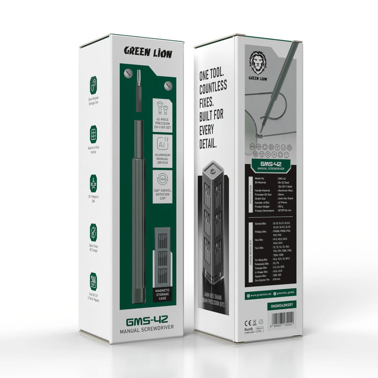 پیچگوشتی دستی مدل GMS-42 - مجموعه ۴۲ عددی سر مته - Green Lion