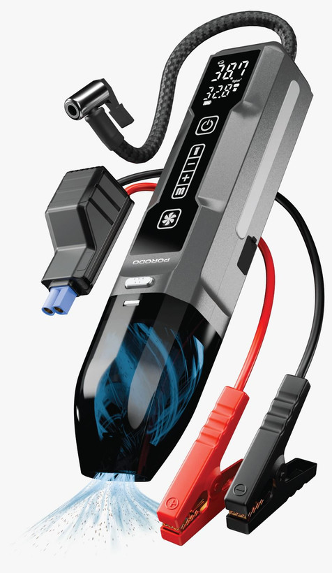 جامپ استارتر و پمپ باد به همراه جارو برقی پاور بانک چراغ قوه - چراغ اضطراری - شارژ USB-C