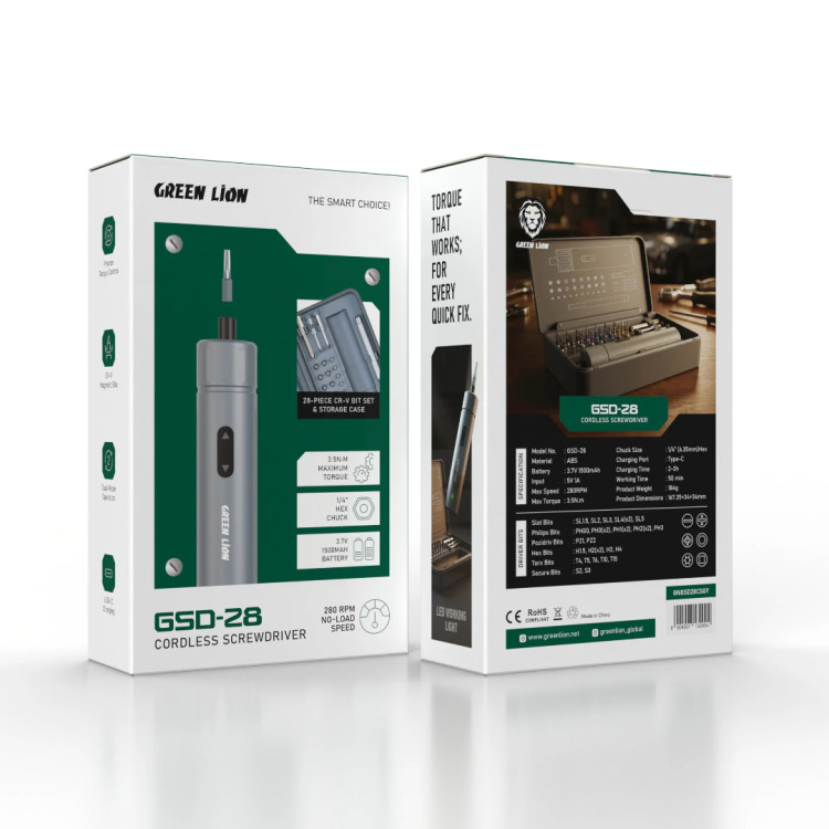 پیچگوشتی شارژی مدل GSD-28 - مجموعه ۲۸ عددی سریهای CR-V Green Lion