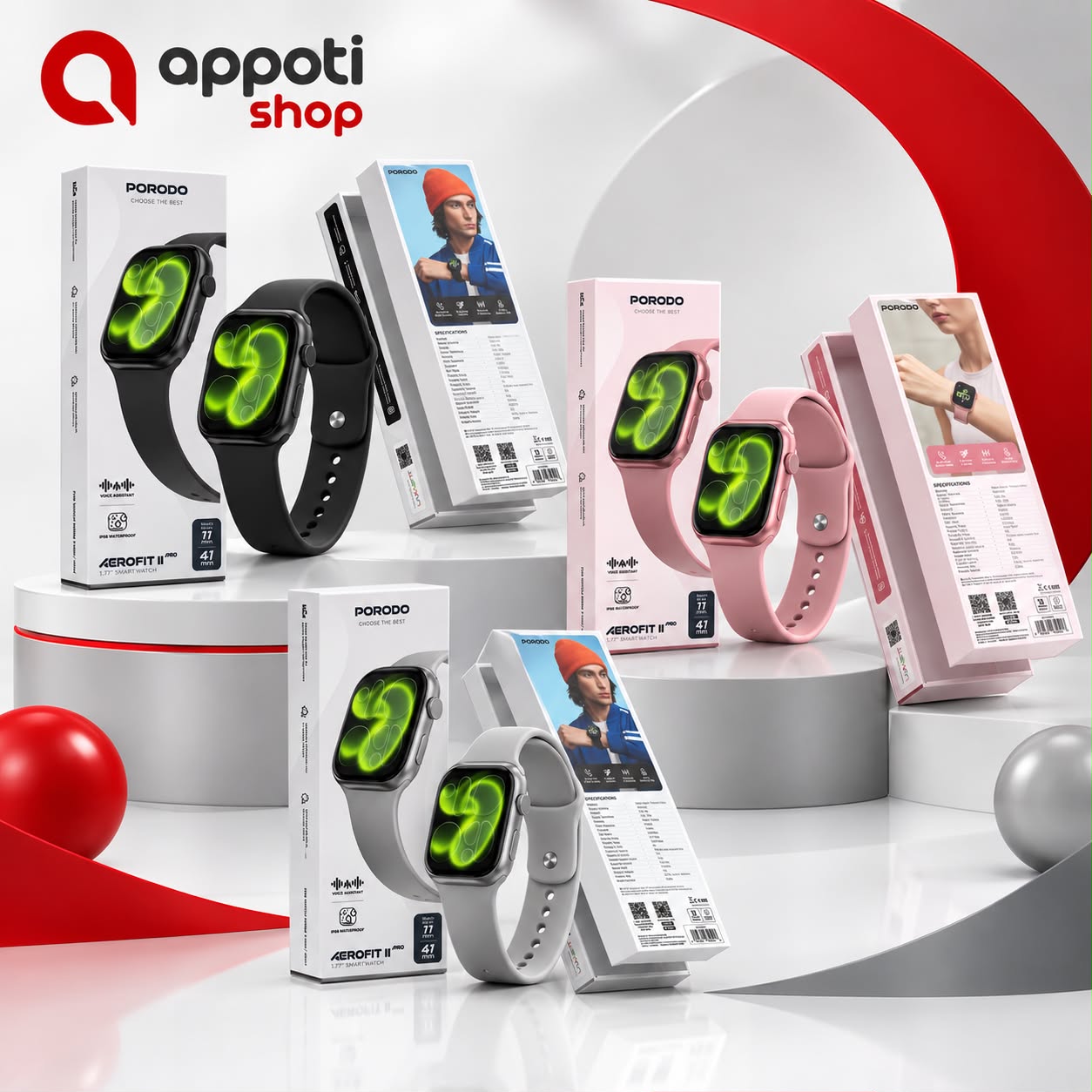 ساعت هوشمندمشکی اینچی "Porodo AeroFit  1.75- دارای 9 حالت ورزشی